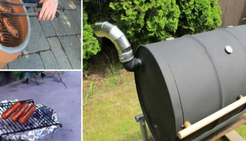 Collage de trois images : un barbecue improvisé avec des saucisses, un autre barbecue fait maison avec des saucisses sur une grille, et un grand barbecue cylindrique en métal, rappelant une jante de voiture.