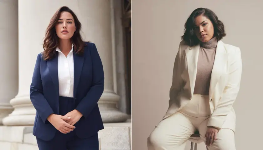 Dos mujeres lucen trajes elegantes, uno azul marino y otro crema, perfectos para un código de vestimenta business casual.