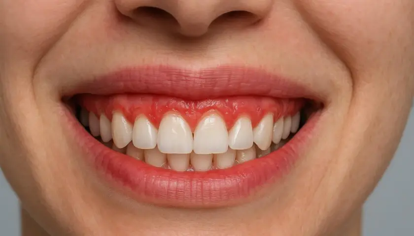 Uśmiech z widocznymi dziąsłami, tworzący tzw. gummy smile.