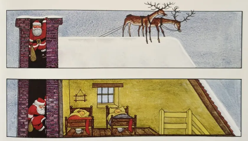 Babbo Natale scende dal camino, mentre le renne aspettano sul tetto innevato. Chissà se i bambini sanno come si dice Babbo Natale in inglese!
