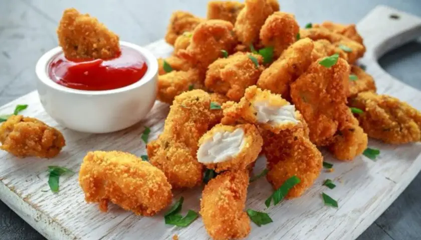 Chrupiące nuggetsy z airfryer, idealne do maczania w keczupie. Pyszna przekąska gotowa w kilka minut.