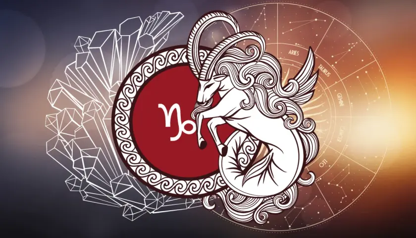 Symbol Koziorożca, urodzeni 6 stycznia. Wizerunek mitycznego stworzenia z rogami kozła i ogonem ryby, otoczony kryształami i kołem zodiaku.