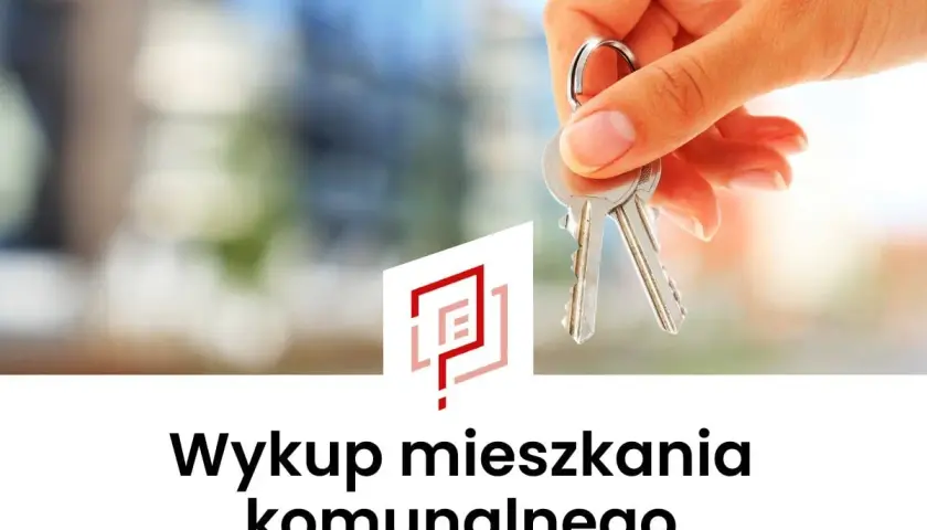 Dłoń trzyma klucze. Napis: Wykup mieszkania komunalnego Warszawa.