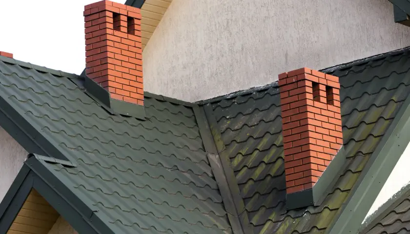 Dwa ceglane kominy na zielonym, falistym dachu. Solidne konstrukcje dachowe, które przetrwają lata.