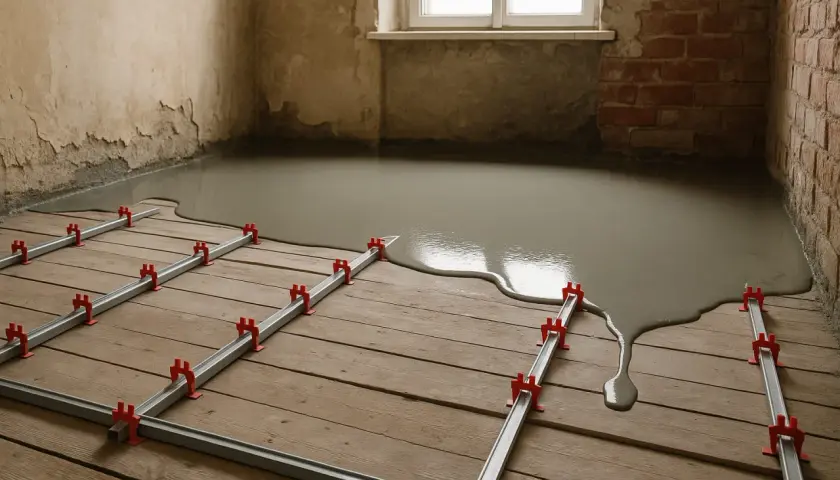 Flüssiger Estrich wird auf einem Holzboden verteilt, um den **Boden auszugleichen**. Metallschienen mit roten Clips führen den Estrich.