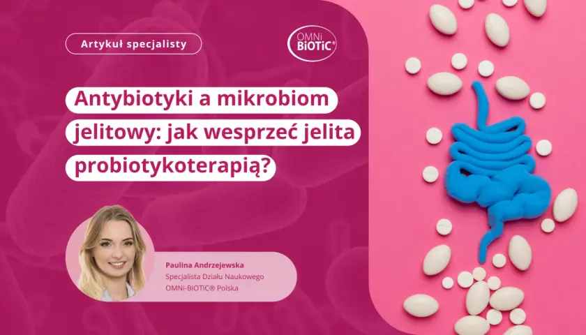 Model jelit z plasteliny otoczony tabletkami, na tle różowym i różowych bakterii.