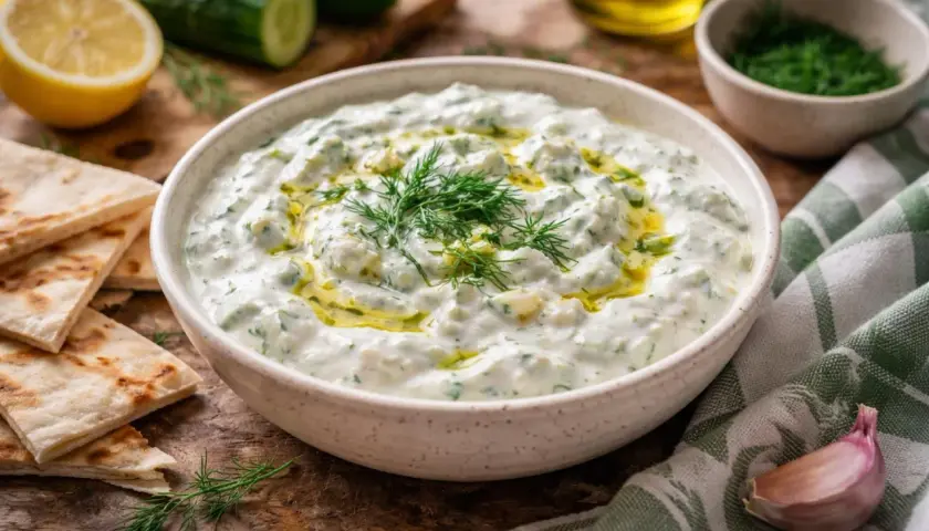 Un bol de tzatziki crémeux, garni d'aneth frais et d'huile d'olive. Parfait pour accompagner du pain pita, des concombres et du citron. Une recette facile à réaliser.