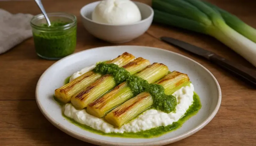 Puerros confitados, dorados y tiernos, servidos sobre una cama cremosa y rociados con salsa verde vibrante.