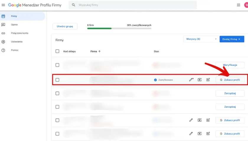 Widok panelu Google Menedżer Profilu Firmy. Zaznaczono wiersz firmy, aby pokazać, jak usunąć wizytówkę Google.