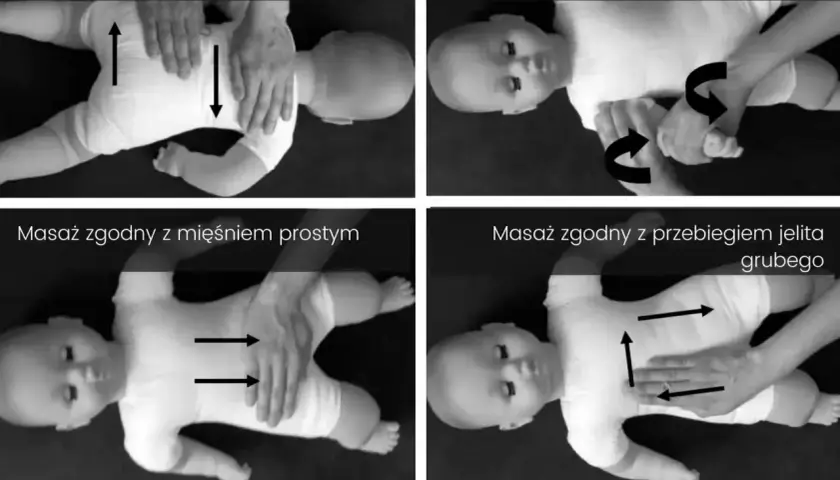 Cztery czarno-białe zdjęcia pokazujące różne techniki masażu niemowlęcia.