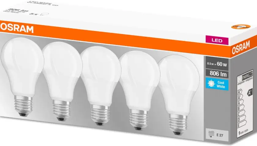 Opakowanie żarówek LED OSRAM zawiera 5 sztuk. Każda żarówka o mocy 8.5W daje 806 lumenów, co odpowiada tradycyjnej żarówce 60W.