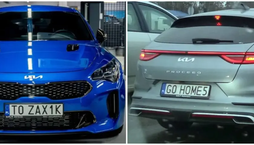Niebieski Kia Stinger i szary Kia Proceed. ZSL rejestracja na obu autach.