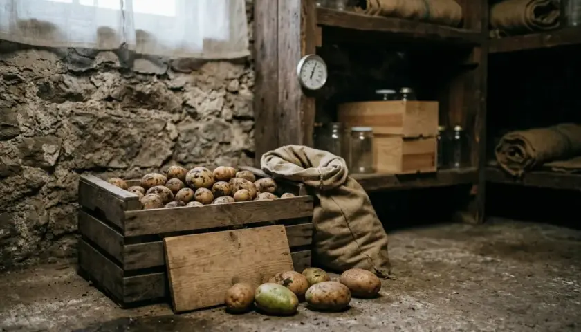 Holz kiste mit Kartoffeln, daneben ein Sack und einige Kartoffeln auf dem Boden. Die Kartoffeln lagern in einem rustikalen Keller.