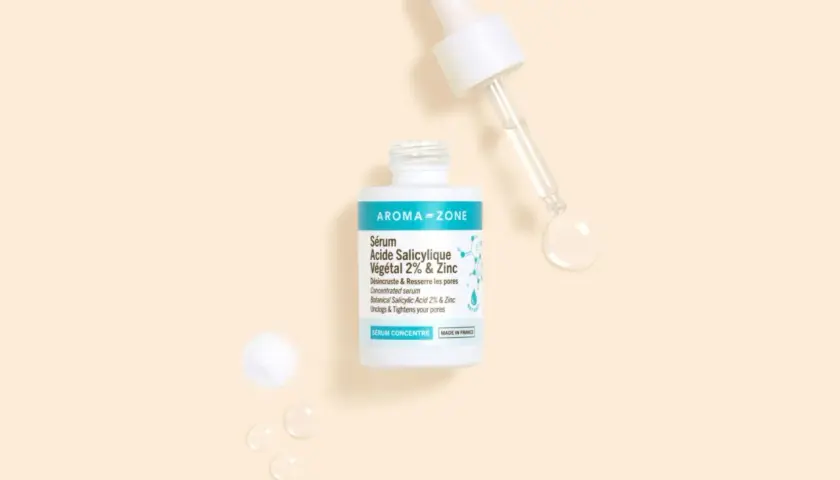 Sérum Aroma-Zone à l'acide salicylique végétal 2% & Zinc pour une peau nette. Une goutte de soin pour désincruster et resserrer les pores.