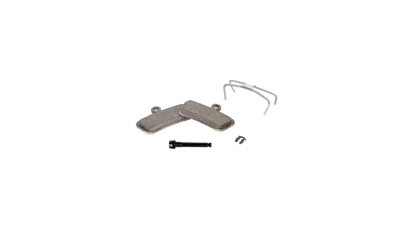 Two sintered brake pads, a bolt, and spring clips. These durable sintered brake pads offer superior stopping power.