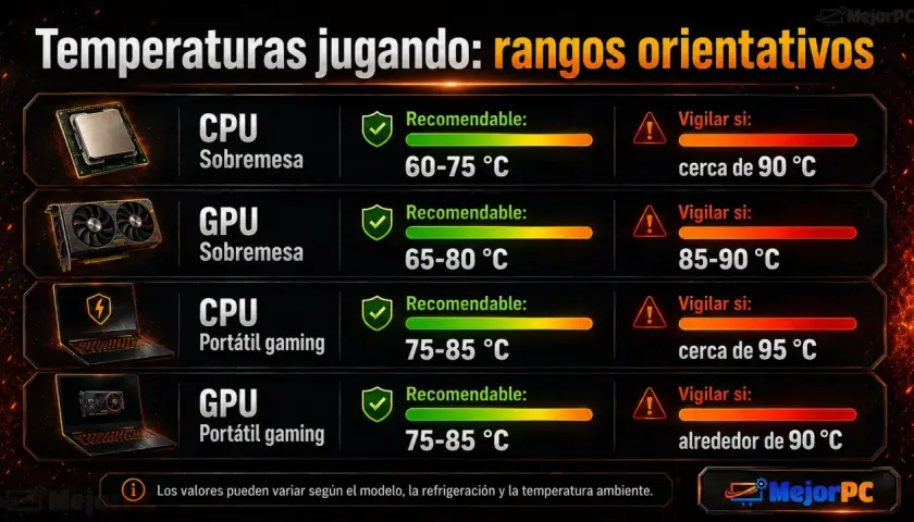 Rangos de temperatura para CPU y GPU en PC de sobremesa y portátiles gaming, indicando los tipos de calor recomendables y a vigilar.