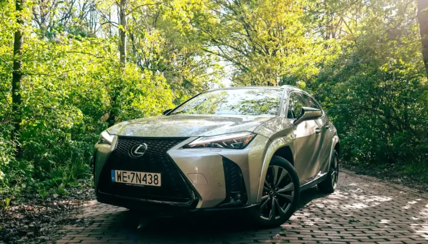 Srebrny Lexus UX 250h na brukowanej drodze w otoczeniu zieleni.