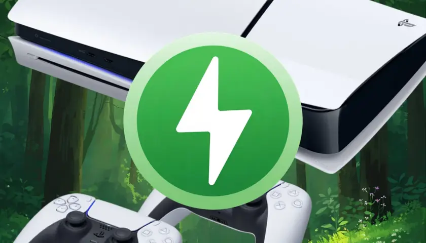 Konsola PS5 Digital i dwa kontrolery na tle lasu, z zieloną ikoną błyskawicy.