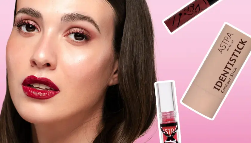 Labbra rosse e occhi scintillanti per un perfetto trucco per San Valentino. Prodotti Astra Make-up in primo piano.