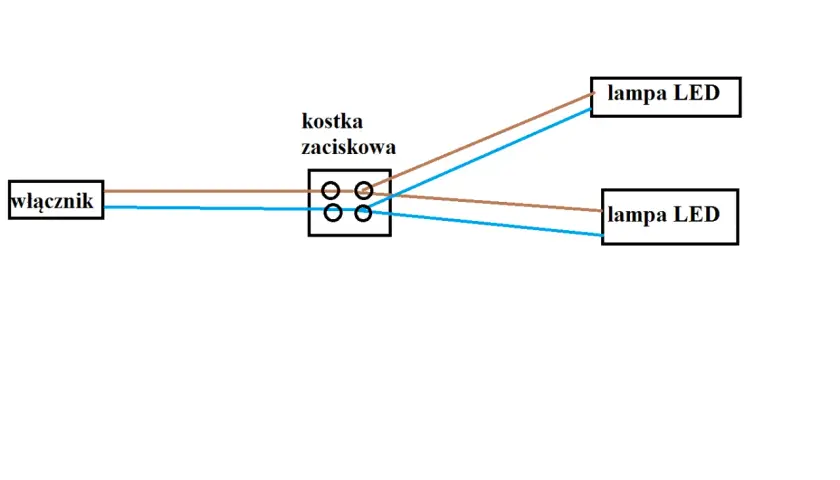 Schemat pokazuje, jak podłączyć dwie lampy LED pod jeden włącznik pojedynczy za pomocą kostki zaciskowej.