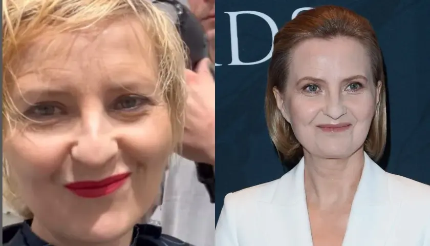 Izabela Kuna młoda, w trakcie stylizacji fryzury i elegancka w białej marynarce.
