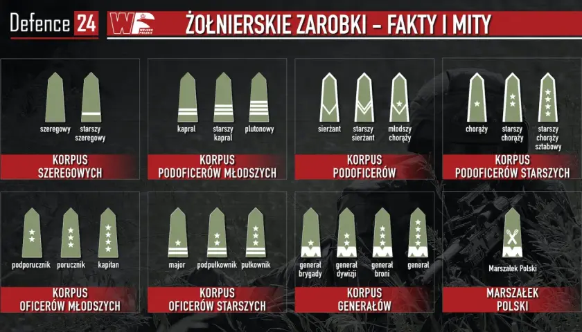 Grafika przedstawia stopnie wojskowe i ich nazwy, ilustrując zarobki w wojsku. Od szeregowego do Marszałka Polski.