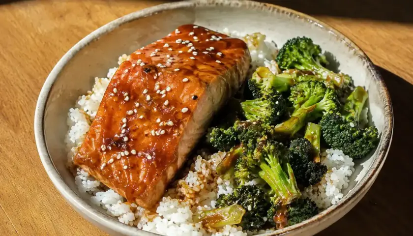 En skål med ris, saftig teriyaki lax toppad med sesamfrön och ångad broccoli. En perfekt middag.
