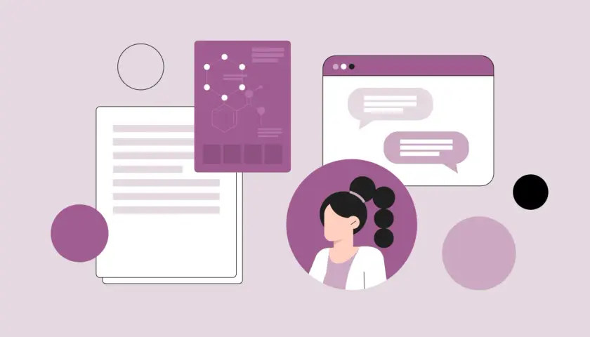 Illustrazione di una donna con laurea in medicina che esplora lavori alternativi, con grafici scientifici e chat.