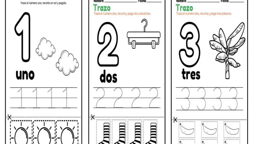 Fichas matemáticas infantiles para aprender los números 1, 2 y 3. Incluyen trazos, recortes y pegado de soles, calcetines y plátanos.