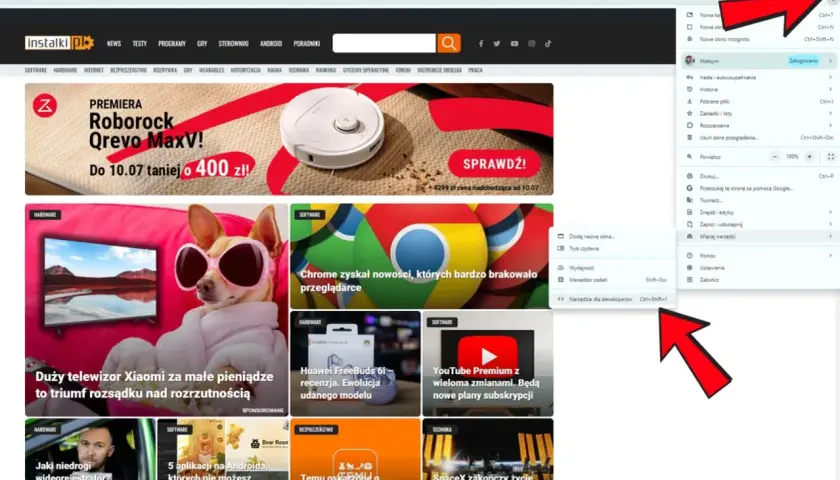Zrzut ekranu z menu przeglądarki Chrome, gdzie widać opcję "Narzędzia dla deweloperów".
