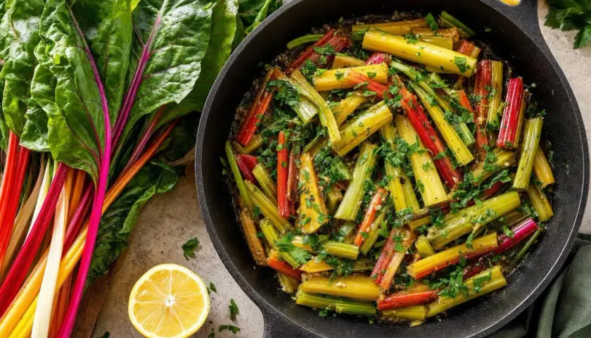 Poêlée colorée de blettes, une recette simple et savoureuse. Les côtes multicolores sont coupées et cuites avec des herbes et un filet de citron.