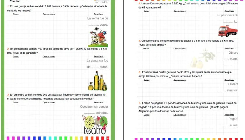 Problemas matemáticos de 6º de Primaria: cálculo de ventas, ganancias, entradas y pesos.