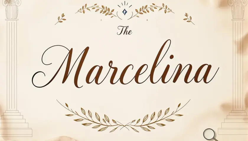 Elegancka grafika z napisem "The Marcelina" i ozdobnymi gałązkami.