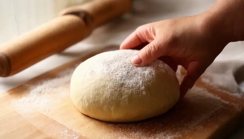 Dłoń dotyka kulki ciasta na pizzę posypanej mąką na desce, obok wałek.