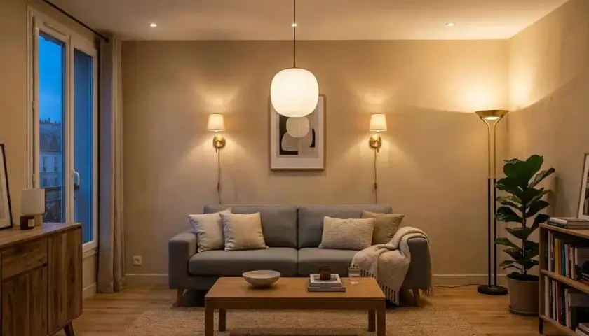 Une ampoule salon design éclaire ce salon cosy avec un canapé gris, une table basse en bois et une plante verte.