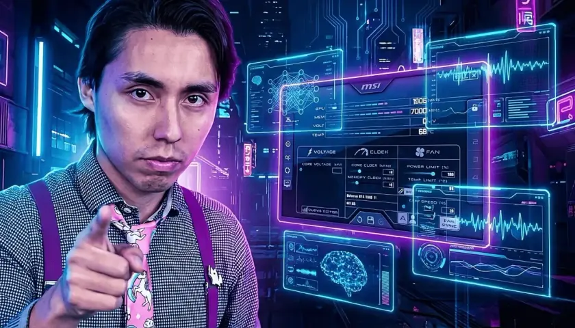 Hombre señala mientras se muestra la interfaz de MSI Afterburner con datos de GPU y un cerebro digital.