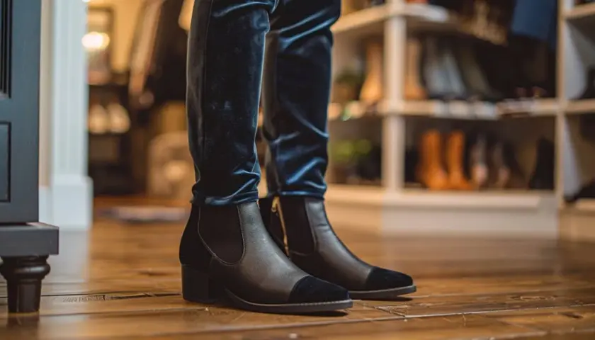 Quelle chaussure avec pantalon velours femme ? Ces bottines noires et bleues s'accordent parfaitement avec un pantalon en velours bleu nuit.