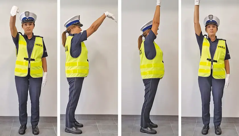 Policjantka w kamizelce odblaskowej pokazuje gesty, kto może kierować ruchem.