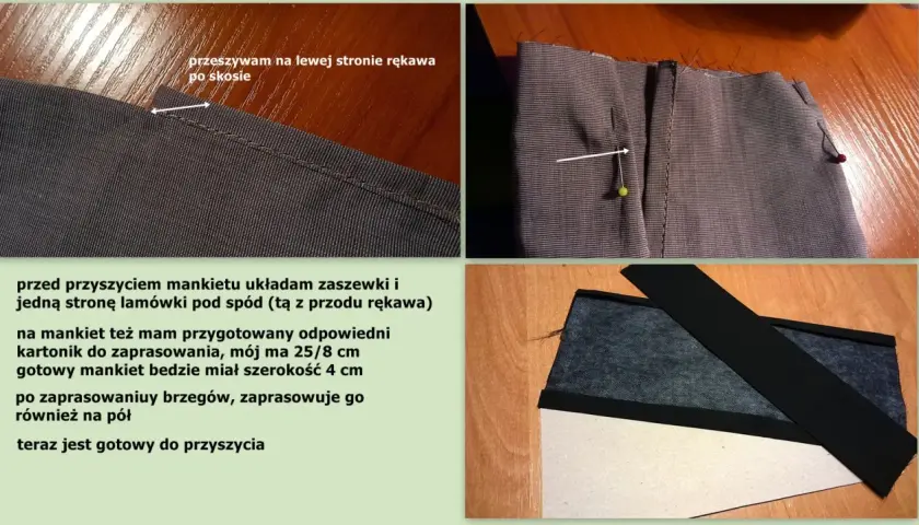 Szczegóły szycia koszul: przyszywanie mankietu, przygotowanie materiału i kartonik do zaprasowania.