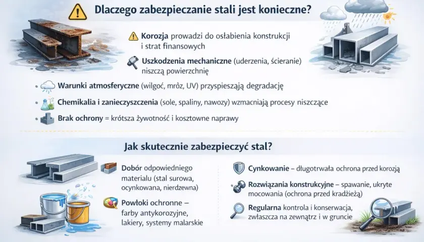 Ilustracja pokazuje metody ochrony stali przed korozją, w tym cynkowanie i powłoki ochronne. Zapobiega to uszkodzeniom i przedłuża żywotność konstrukcji.