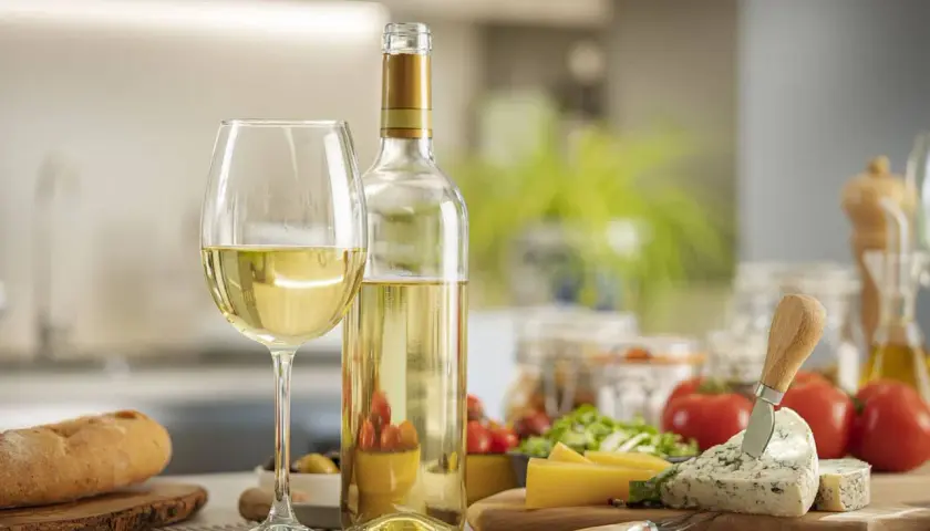 Verre et bouteille de vin blanc, pain, fromages et tomates. Parfait pour une recette avec vin blanc.