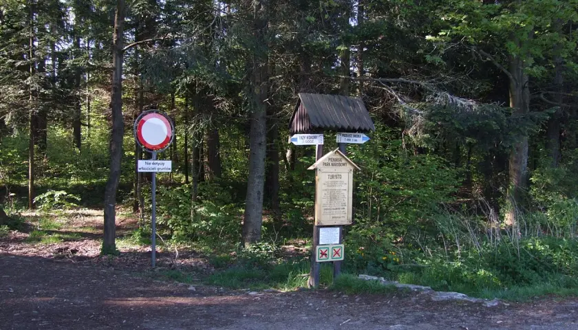 Leśna ścieżka prowadzi do **przełęczy Osice**. Znaki turystyczne wskazują drogę, a tablica informuje o Pienińskim Parku Narodowym.
