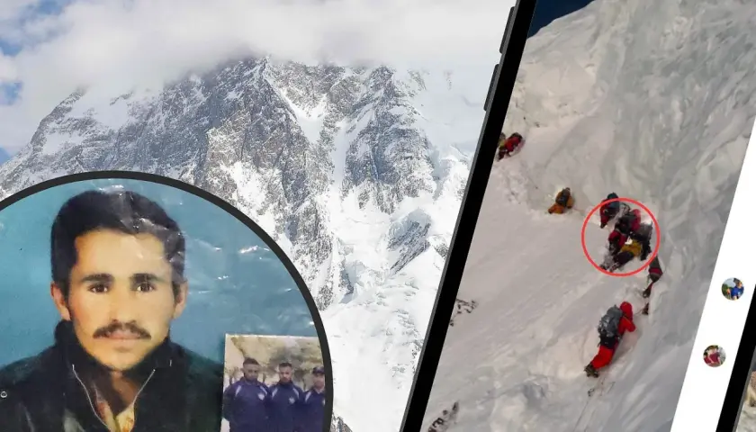 Mohammed Hassan, ein Held des K2, auf einem Foto vor schneebedeckten Bergen. Daneben eine Handyaufnahme von Bergsteigern am K2.