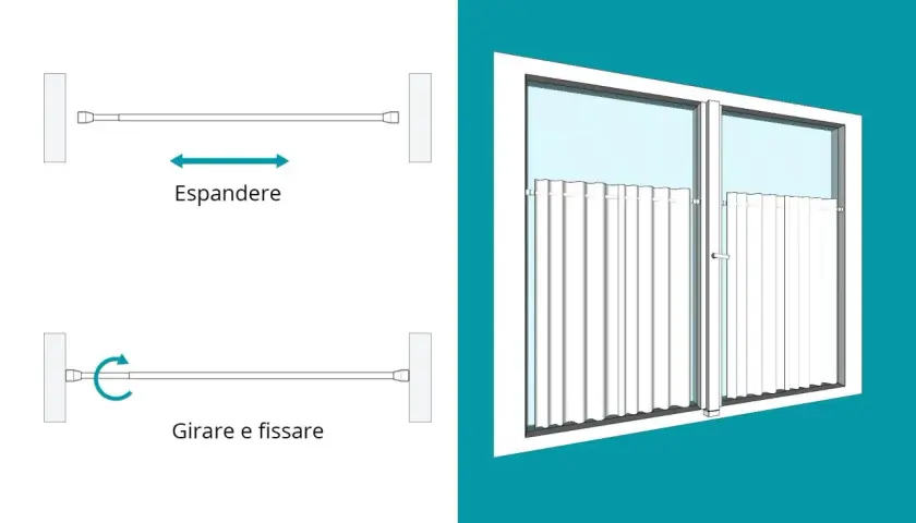 Istruzioni per il montaggio tende: espandere il bastone, girare e fissare. Tende bianche su finestra.