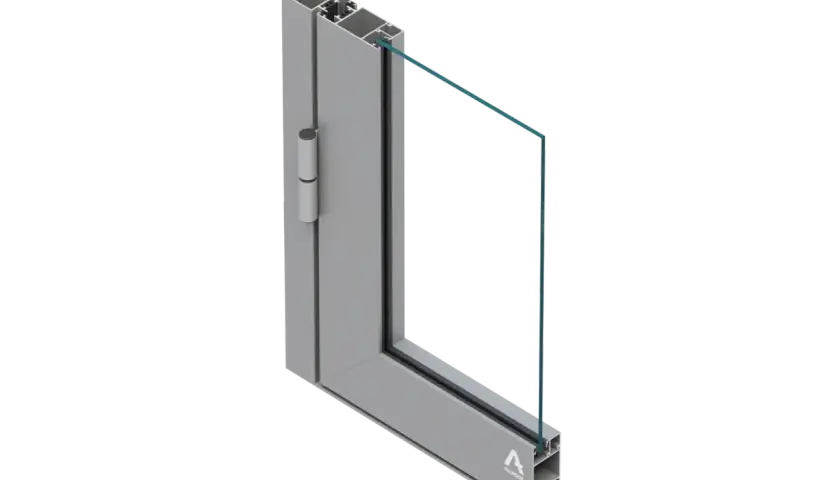 Przekrój okna Aluprof MB-45 z widocznym profilem aluminiowym, zawiasem i szybą.