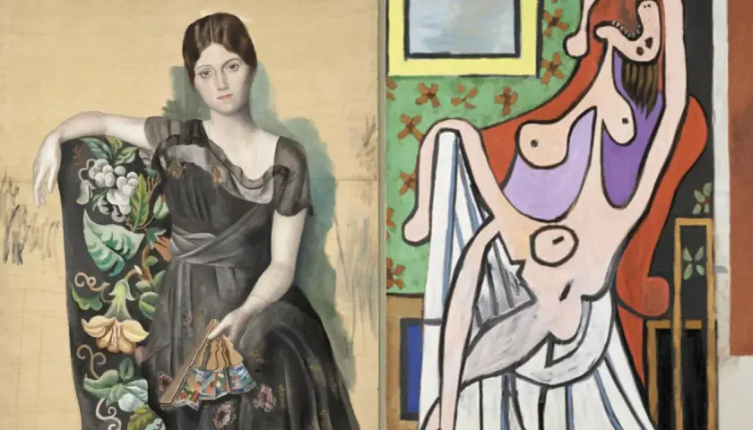 Dos cuadros de Picasso: una mujer elegante sentada y otra figura femenina abstracta.