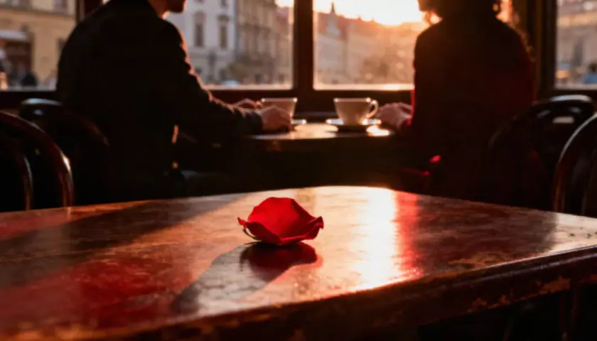 Romantyczny wieczór w kawiarni. Płatek róży na stole, para przy kawie. Tak można pokazać dziewczynie, że ją kocham.