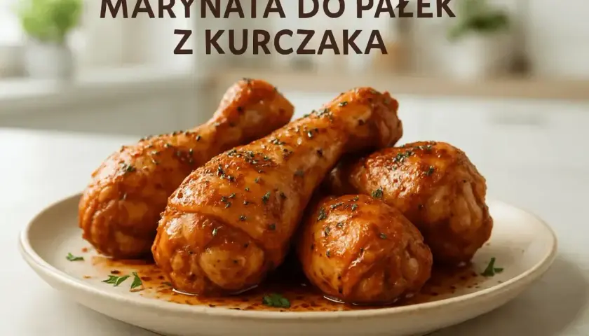 Soczyste pałki z kurczaka w aromatycznej marynacie, posypane ziołami, gotowe do podania.
