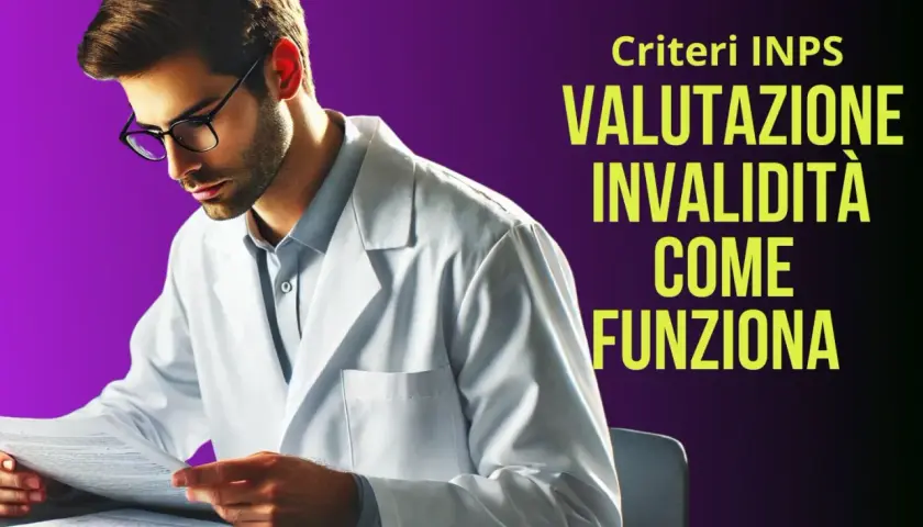 Medico con camice bianco esamina documenti, illustrando i criteri INPS per la valutazione dell'invalidità civile e come funziona.