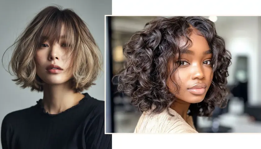 Dos estilos de cabello modernos, uno rubio con flequillo y otro moreno rizado, perfectos para cortes de pelo que rejuvenecen a los 50.